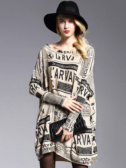 Vintage Loose One-Shoulder Newspaper Printed Split-Joint Sweater