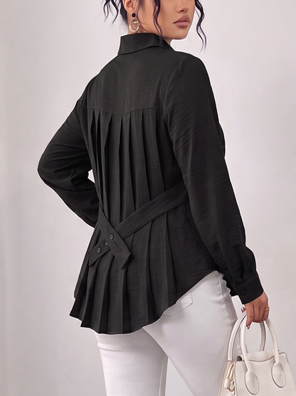 Tied Split-Joint Solid Color Pockets Pleated Buttoned Long Sleeves Lapel Blouses&Shirts Tops