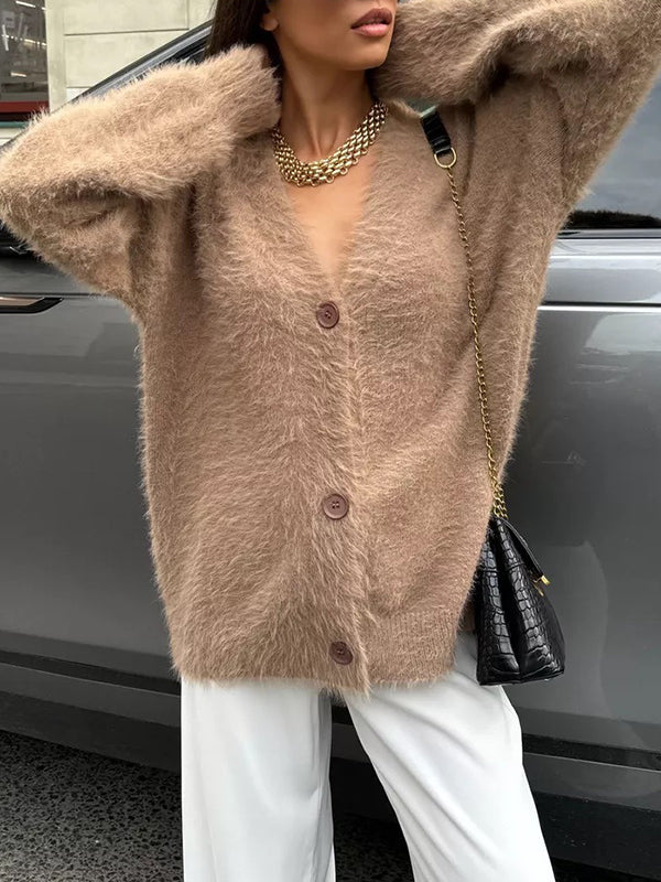 Long Sleeves Loose Buttoned Solid Color V-Neck Cardigan Tops