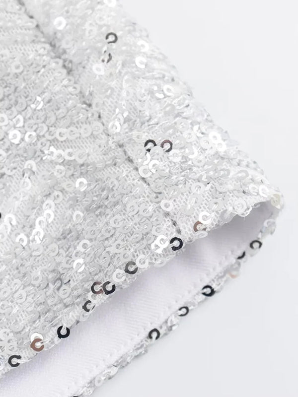 Long Sleeves Loose Sequined Shiny V-Neck Blazers Top + Shorts Bottom Two Pieces Set