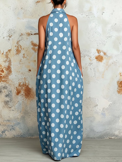 A-Line Loose Buttoned Contrast Color Pleated Polka Dot Lapel Maxi Dresses