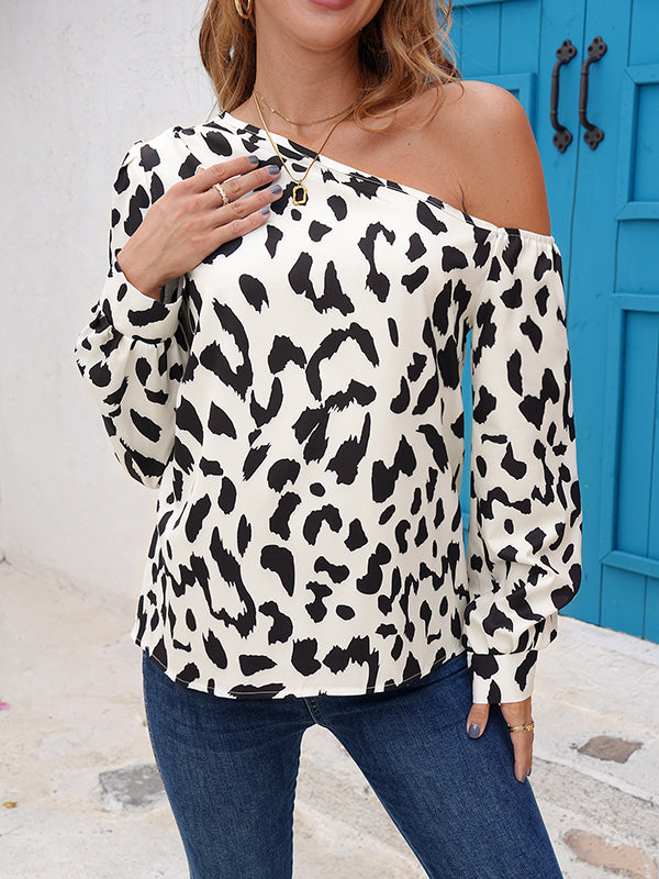 Long Sleeves Loose Asymmetric Elasticity Leopard Split-Joint One-Shoulder Blouses&Shirts Tops