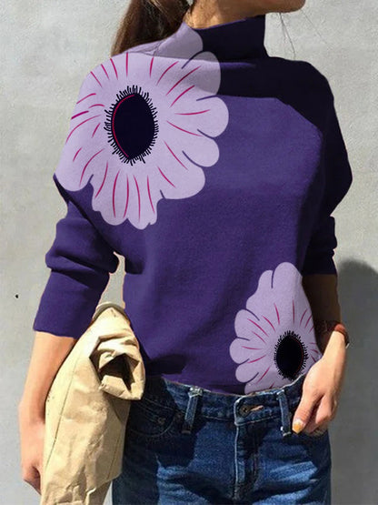 Long Sleeves Loose Flower Print Split-Joint High Neck T-Shirts