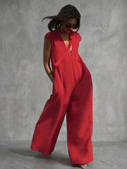 Loose Wide Leg Pockets Solid Color Streamer Deep V-Neck Jumpsuits