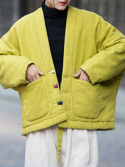 High-Low Long Sleeves Keep Warm Pockets Quilted Solid Color Split-Joint V-Neck Padded Coat
