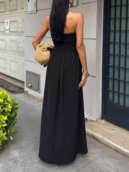 A-Line High Waisted Pleated Solid Color Split-Joint Tube Midi Dresses