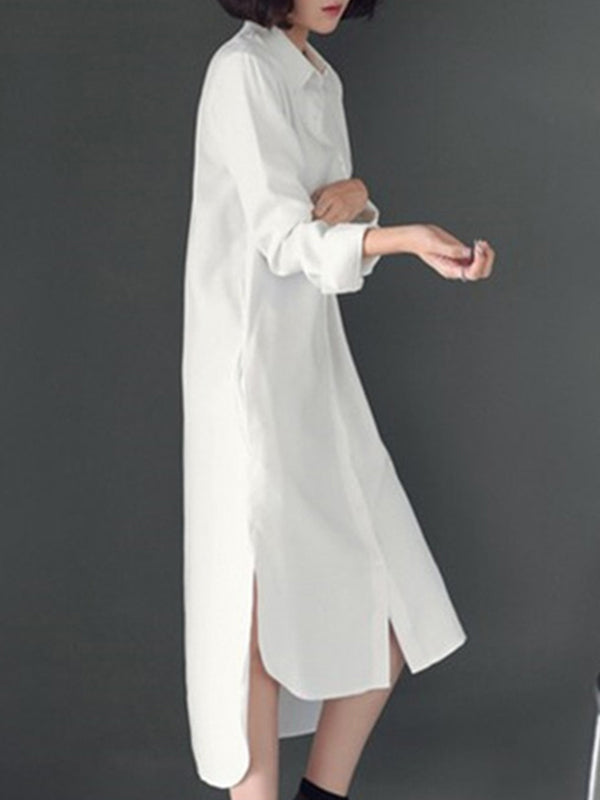 Simple Casual Solid Color Buttoned Lapel Collar Long Sleeves Midi Shirt Dress