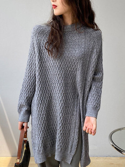Original Irregular 5 Colors Split-Side Round-Neck Long Sleeves Sweater Top