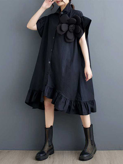 Loose Short Sleeves Asymmetric Buttoned Ruffled Solid Color Three-Dimensional Flower Lapel Midi Dresses