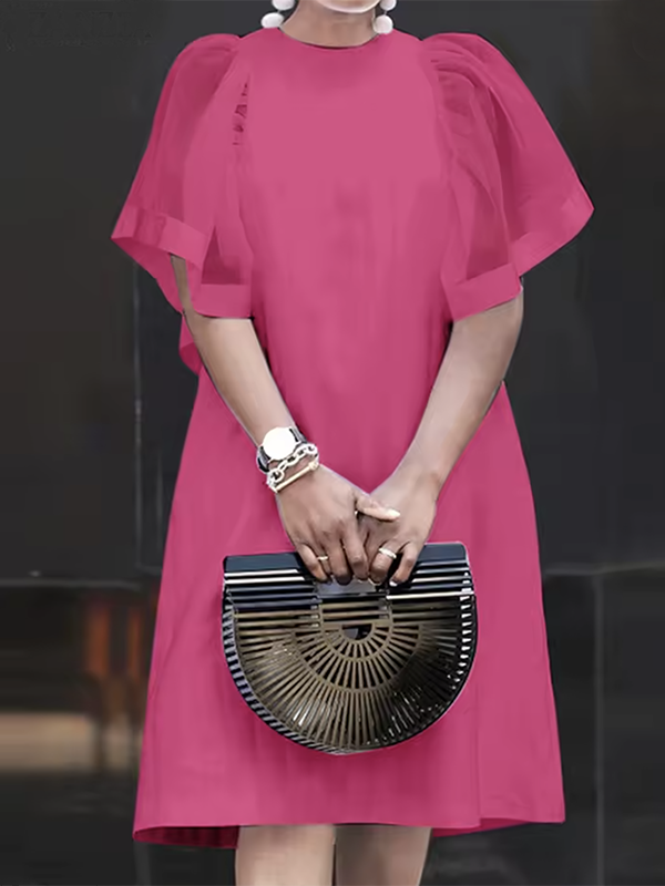 Short Sleeves Pleated See-Through Solid Color Split-Joint Round-Neck Mini Dresses