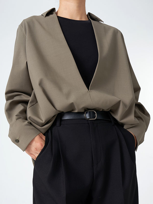 Long Sleeves Loose Solid Color Deep V-Neck Blouses&Shirts Tops