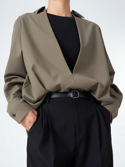 Long Sleeves Loose Solid Color Deep V-Neck Blouses&Shirts Tops