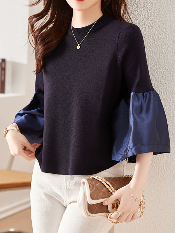Flared Sleeves Long Sleeves Pleated Split-Joint Round-neck T-Shirts Tops