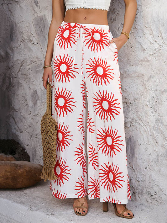 High Waisted Loose Contrast Color Drawstring Pockets Pants Trousers