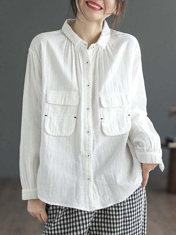 High-Low Long Sleeves Buttoned Pockets Lapel Blouses&Shirts Tops