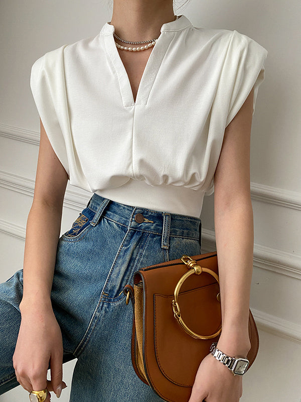 Loose Sleeveless Pleated Shoulder Pad Solid Color V-Neck T-Shirts Tops