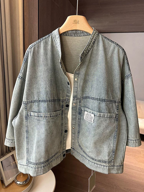 Long Sleeves Loose Buttoned Pockets Split-Joint Round-Neck Denim Outerwear