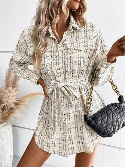 Long Sleeves Loose Buttoned Plaid Pockets Tied Waist Lapel Outerwear