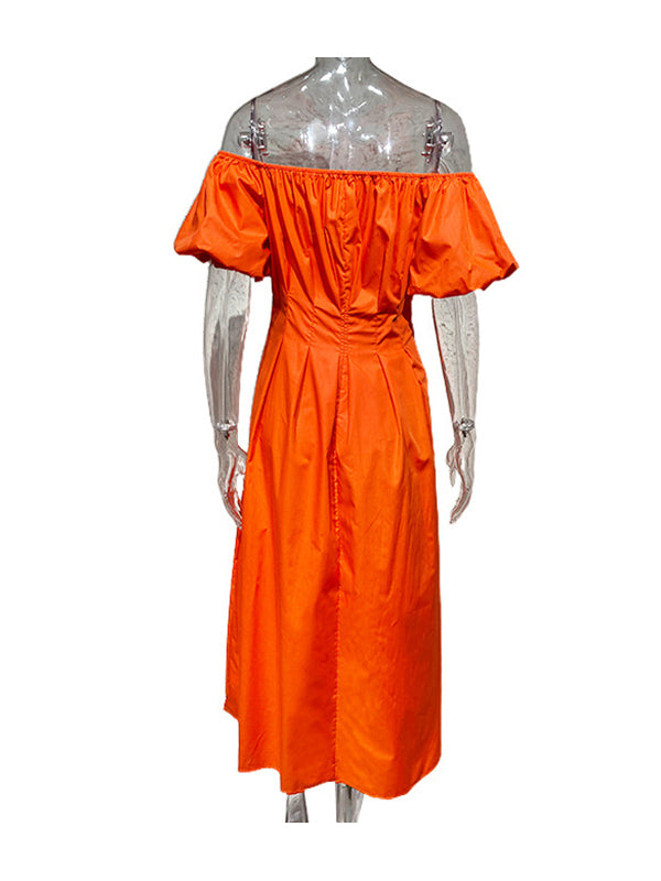 Loose Puff Sleeves Elasticity Pleated Solid Color Split-Joint Off-The-Shoulder Midi Dresses