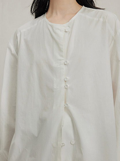 Long Sleeves Loose Buttoned Solid Color Tied Round-Neck Blouses&Shirts Tops