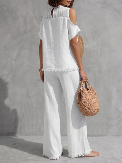 Fringed Cold Shoulder Half-Zip Solid Color Short Sleeve Blouses&Shirts Tops +  Pants Bottoms Trousers Two Pieces Set