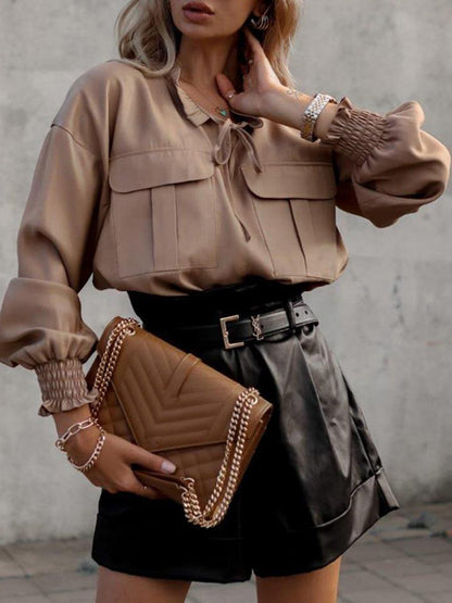 Long Sleeves Loose Hollow Lace-Up Pleated Solid Color Split-Joint V-Neck Blouses