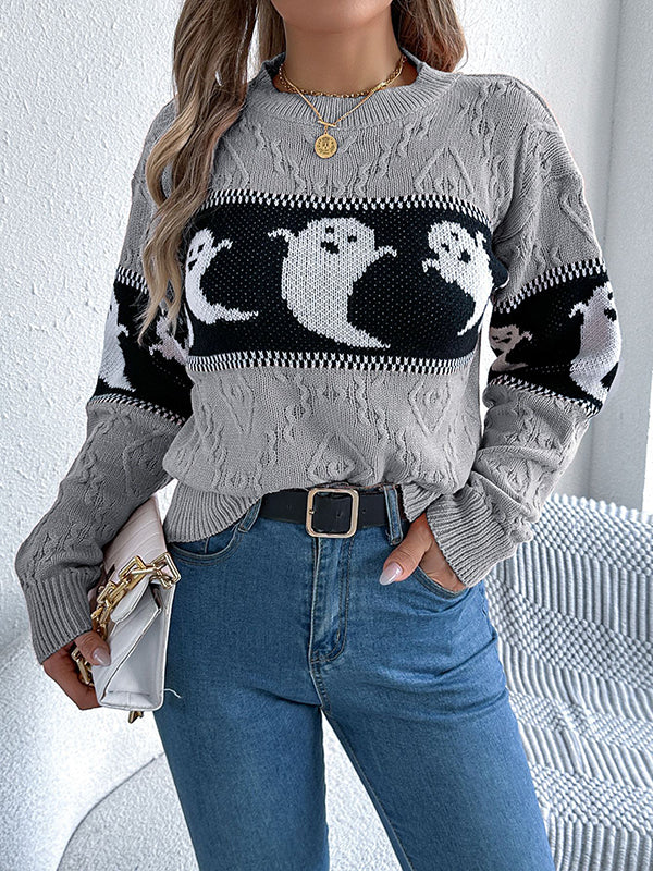 Long Sleeves Loose Contrast Color Split-Joint Round-Neck Pullovers Sweater Tops