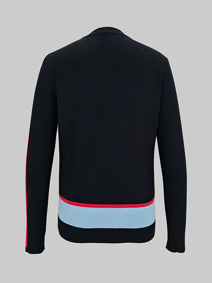 Irregularity Long Sleeves Abstract Printed Asymmetric Contrast Color Ribs Split-Joint Round-Neck Sweater Tops