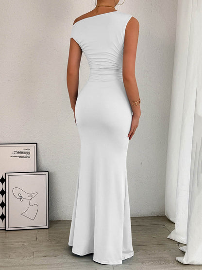 Bodycon High Waisted Asymmetric Pleated Solid Color Split-Side One-Shoulder Maxi Dresses