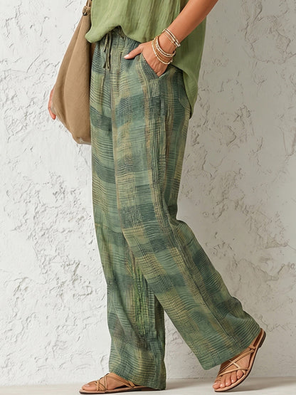 High Waisted Loose Contrast Color Plaid Pockets Pants Trousers