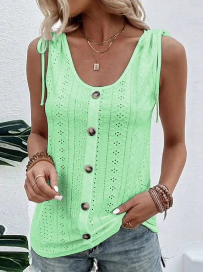 Loose Plus Size Buttoned Hollow Pleated Split-Joint Tied U-neck Vest Top