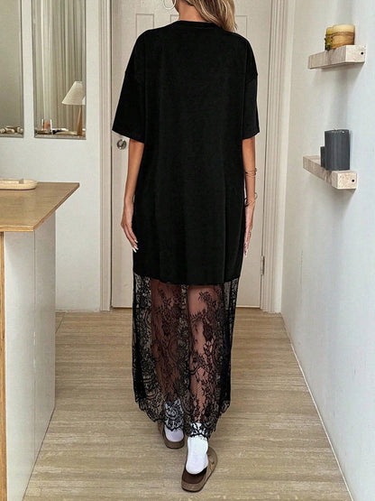 Loose Short Sleeves See-Through Solid Color Split-Joint Round-Neck Maxi Dresses