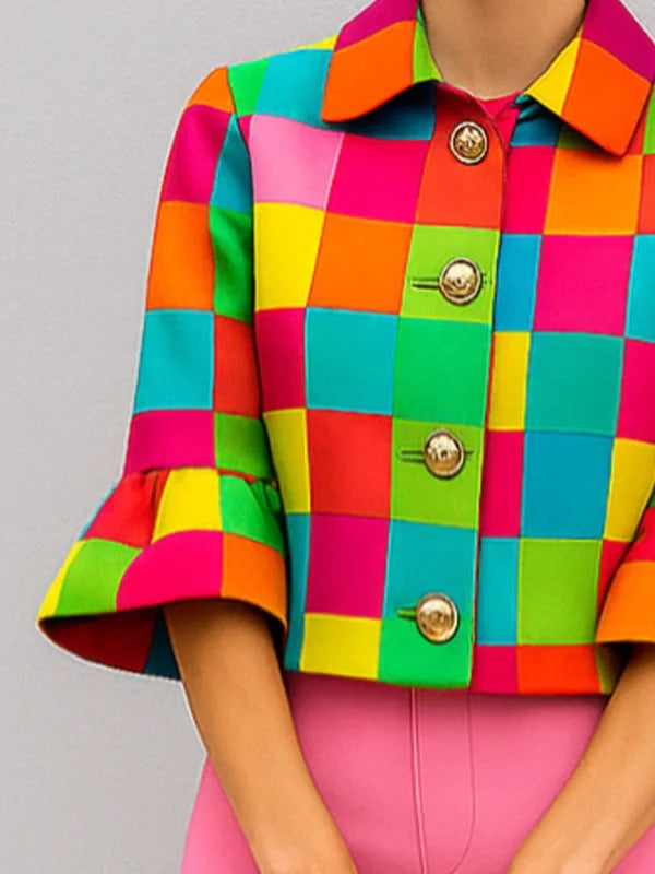 Loose Three-Quarter Sleeves Buttoned Plaid Lapel Outerwear