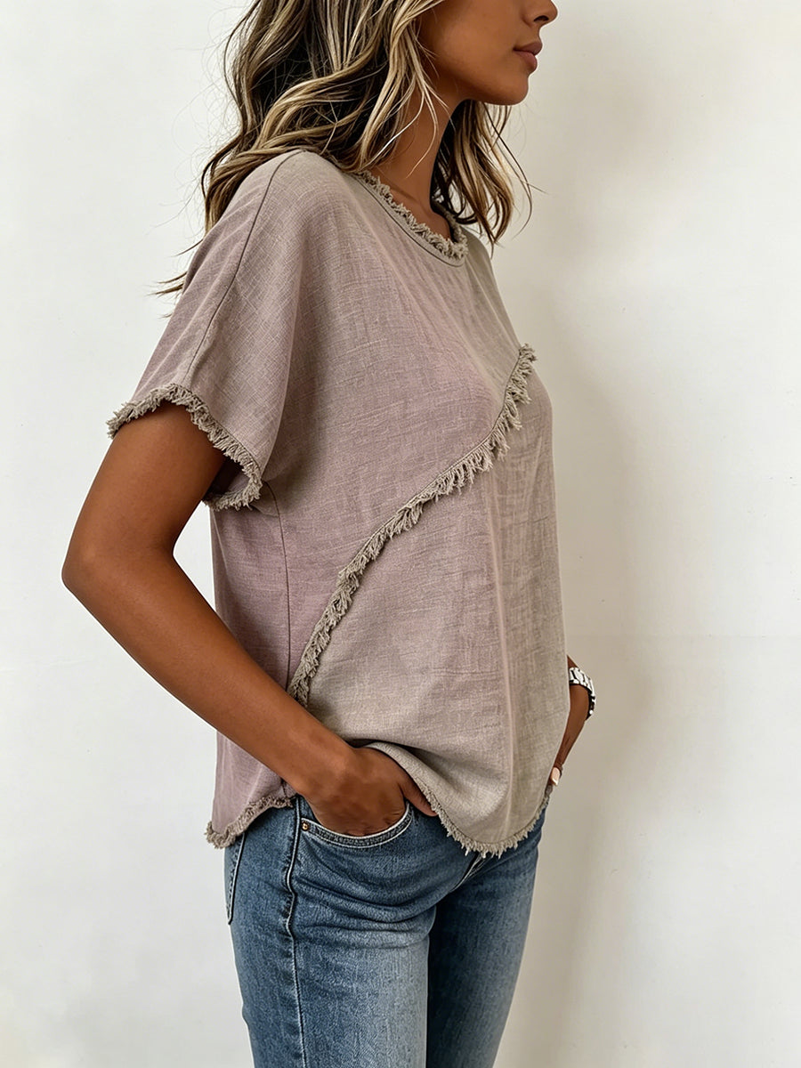 Loose Short Sleeves Fringed Solid Color Split-Joint Round-Neck T-Shirts Tops