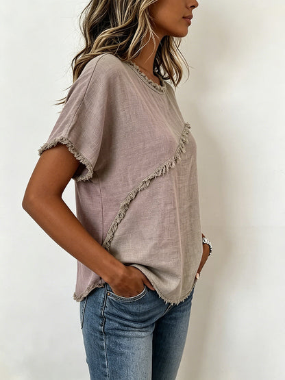 Loose Short Sleeves Fringed Solid Color Split-Joint Round-Neck T-Shirts Tops