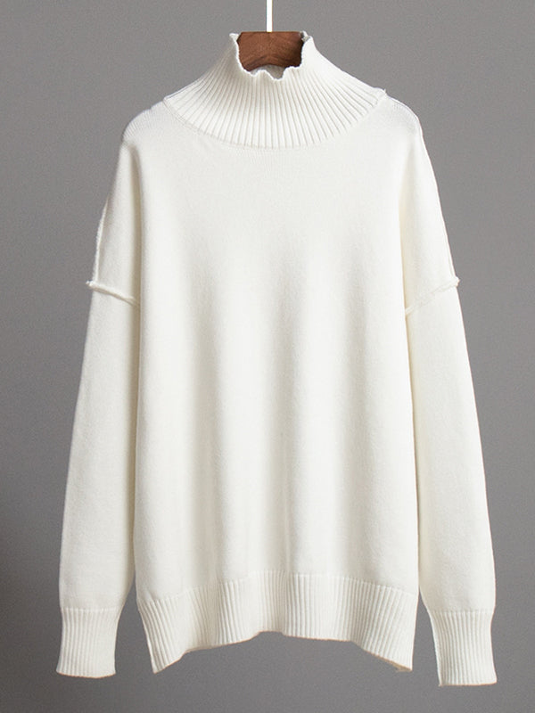 Long Sleeves Loose Solid Color Split-Joint High Neck Pullovers Sweater Tops
