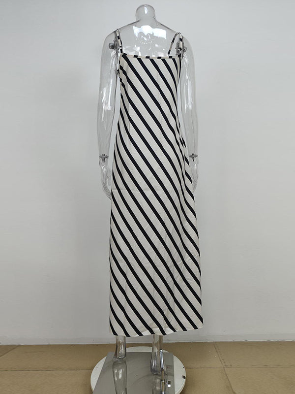 High Waisted Loose Striped Spaghetti-Neck Maxi Dresses