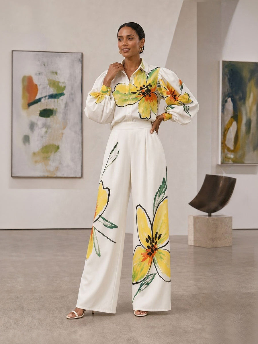 Pockets Flower Print Elasticity Contrast Color Wide Leg Loose Trousers Pants
