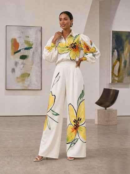 Flower Print Contrast Color Buttoned Puff Sleeves Loose Lapel Blouses&shirts Tops