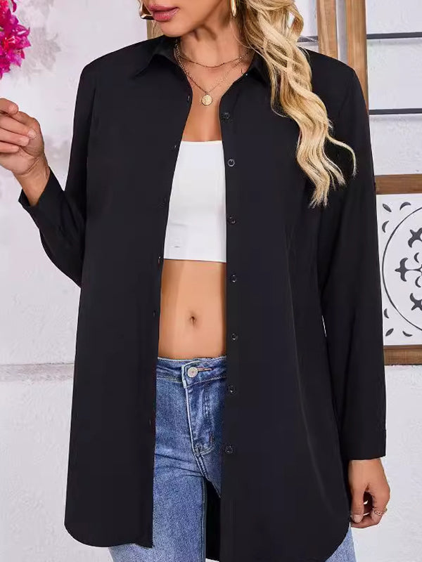 Long Sleeves Loose See-Through Solid Color Split-Joint Lapel Blouses