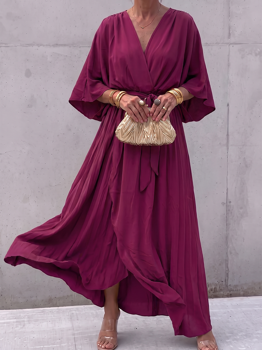 Tied Solid Color See-Through Pleated Asymmetric Plus Size Long Sleeves V-neck Maxi Dresses