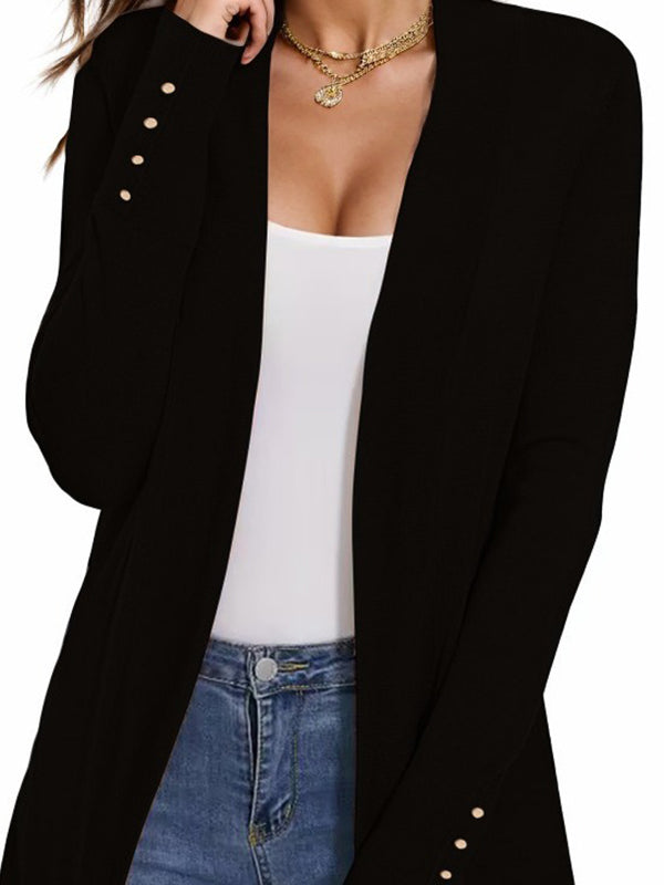Long Sleeves Loose Buttoned Solid Color Collarless Cardigan Tops