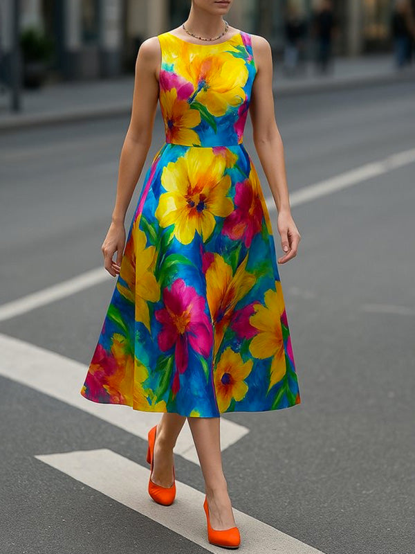 Sleeveless Contrast Color Flower Print Round-Neck Midi Dresses