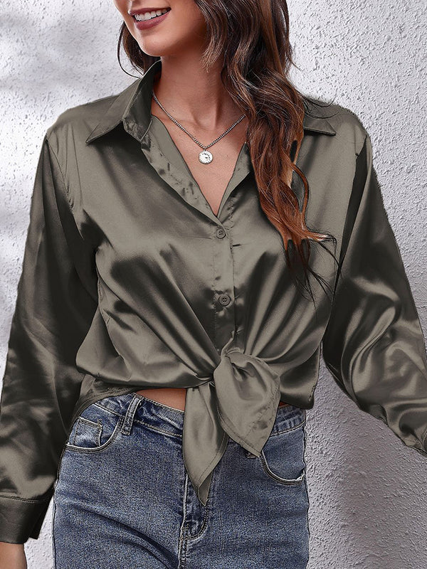 Long Sleeves Loose Solid Color Lapel Blouses