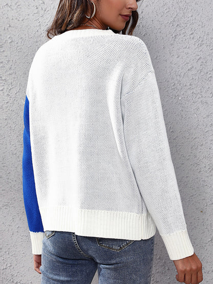 Long Sleeves Loose Contrast Color Split-Joint Round-Neck Sweater