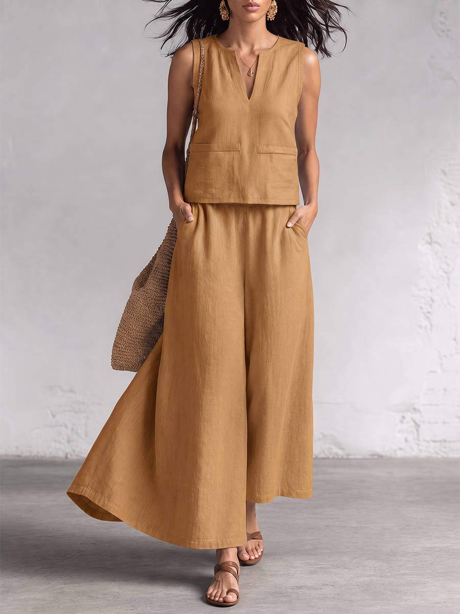 Loose Solid Color V-neck Tank Top + High Waisted Pockets Bottoms Skirts Two Pieces Set