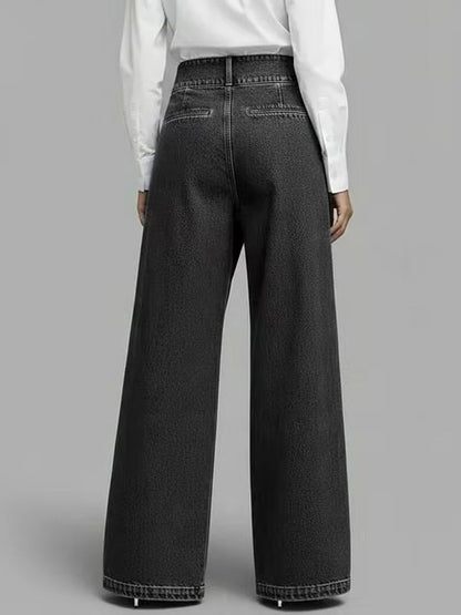 High Waisted Loose Asymmetric Buttoned Interlace Pockets Solid Color Split-Joint Jean Pants Bottoms Trousers