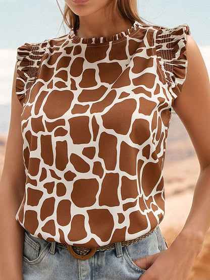Loose Sleeveless Buttoned Hollow Printed Ruffled Split-Joint Round-Neck Vest Top