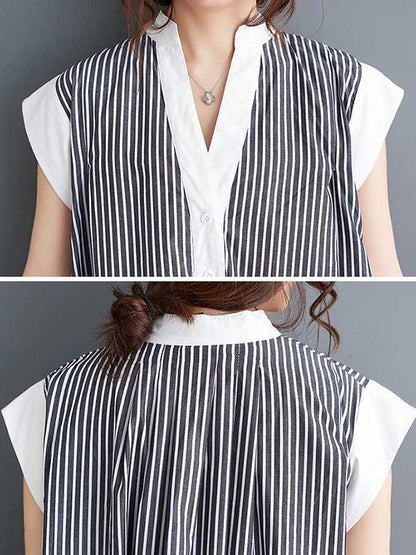 Cap Sleeve Loose Buttoned Striped Lapel Maxi Dresses Shirt Dress