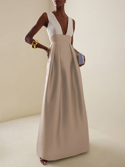 A-Line High Waisted Contrast Color Pleated Zipper Deep V-Neck Maxi Dresses